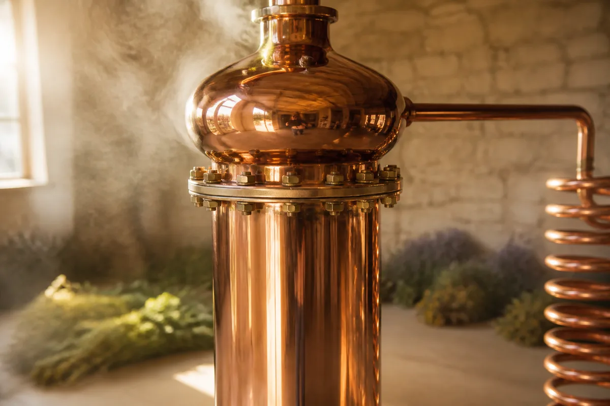 Alambic en cuivre dans un atelier de distillation de plantes aromatiques