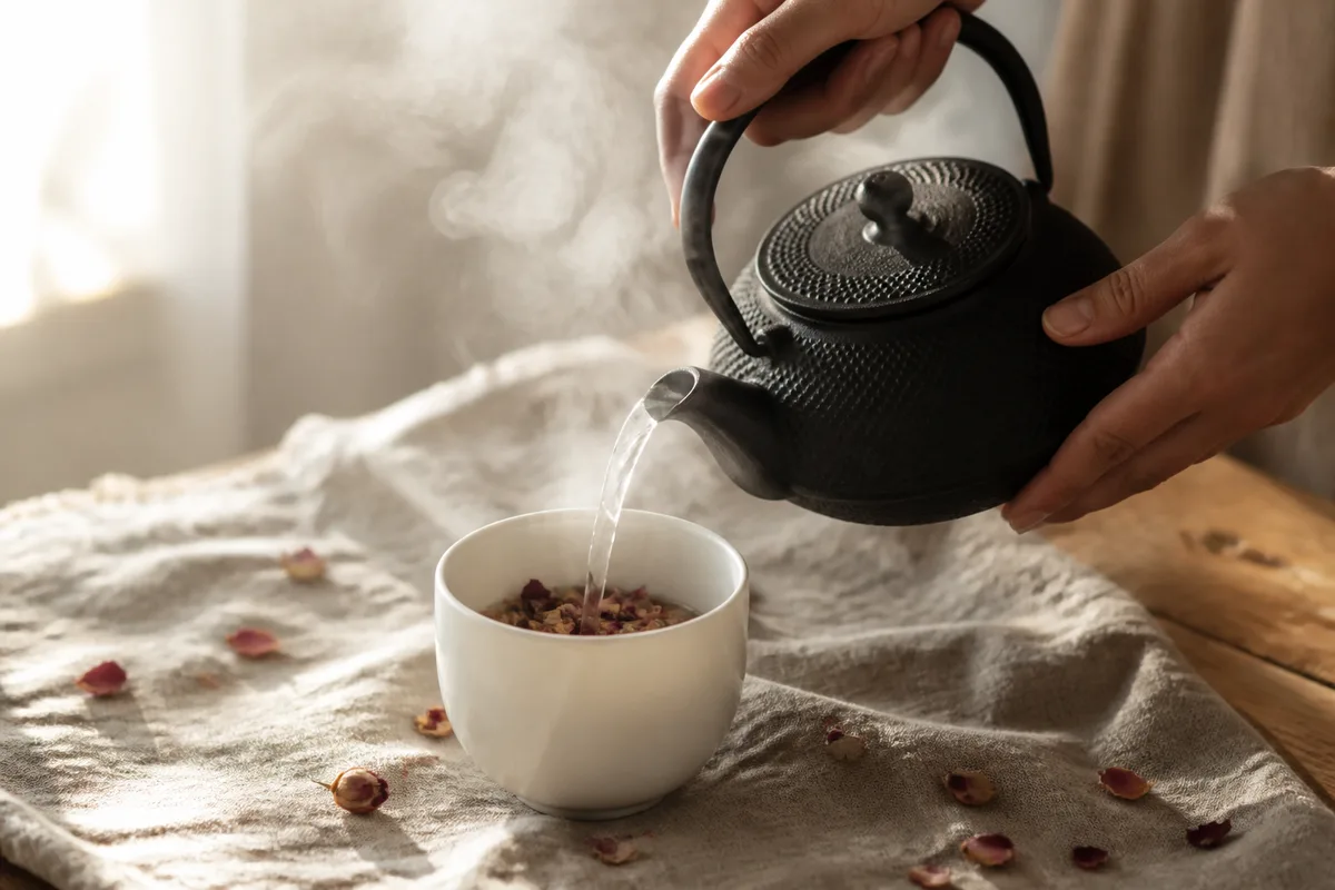 Mains versant de l eau frémissante sur des fleurs séchées dans une tasse en céramique unie