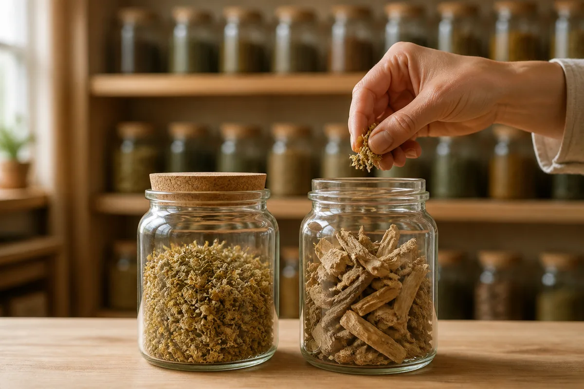 Bocaux en verre transparent aux parois lisses remplis de plantes séchées sur un comptoir en bois clair