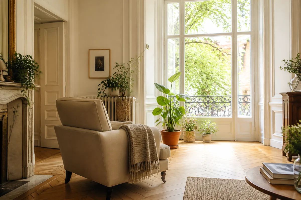 Salon lumineux avec fauteuil en tissu près d&rsquo;une fenêtre