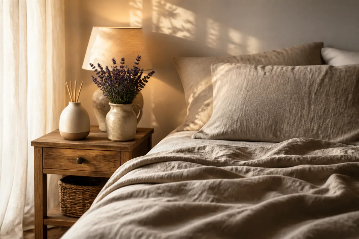 Chambre claire aux draps de lin, table de chevet en bois en fin de journée
