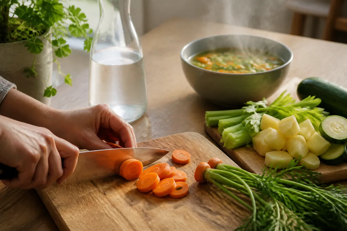 Table de cuisine en bois clair avec carafe d&rsquo;eau et bol de soupe
