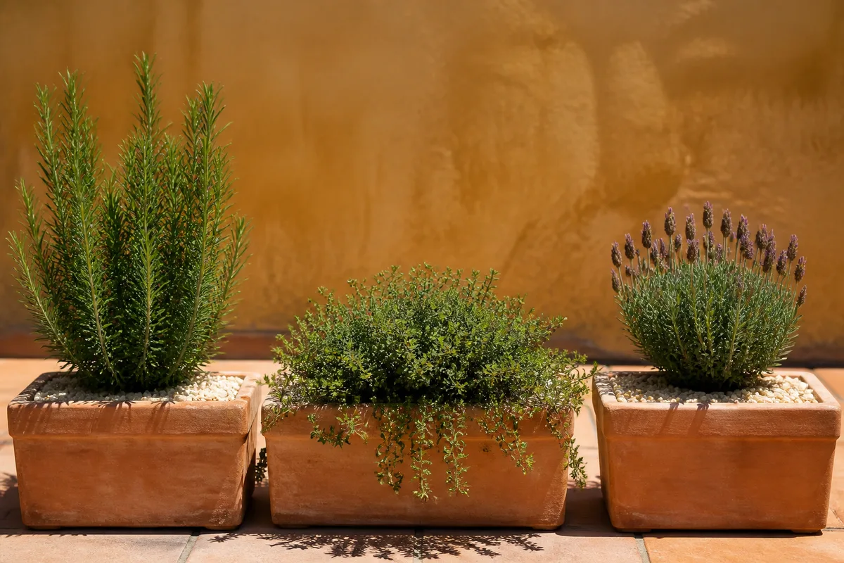 Bacs en terre cuite plantés de romarin, thym et lavande sur une terrasse ensoleillée