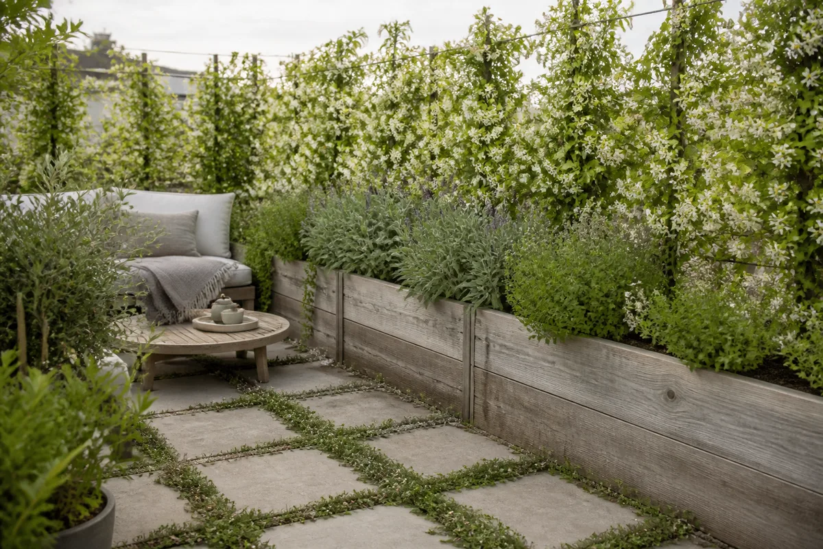 Terrasse aménagée en trois hauteurs avec grimpant fleuri, bacs surélevés et thym rampant au sol