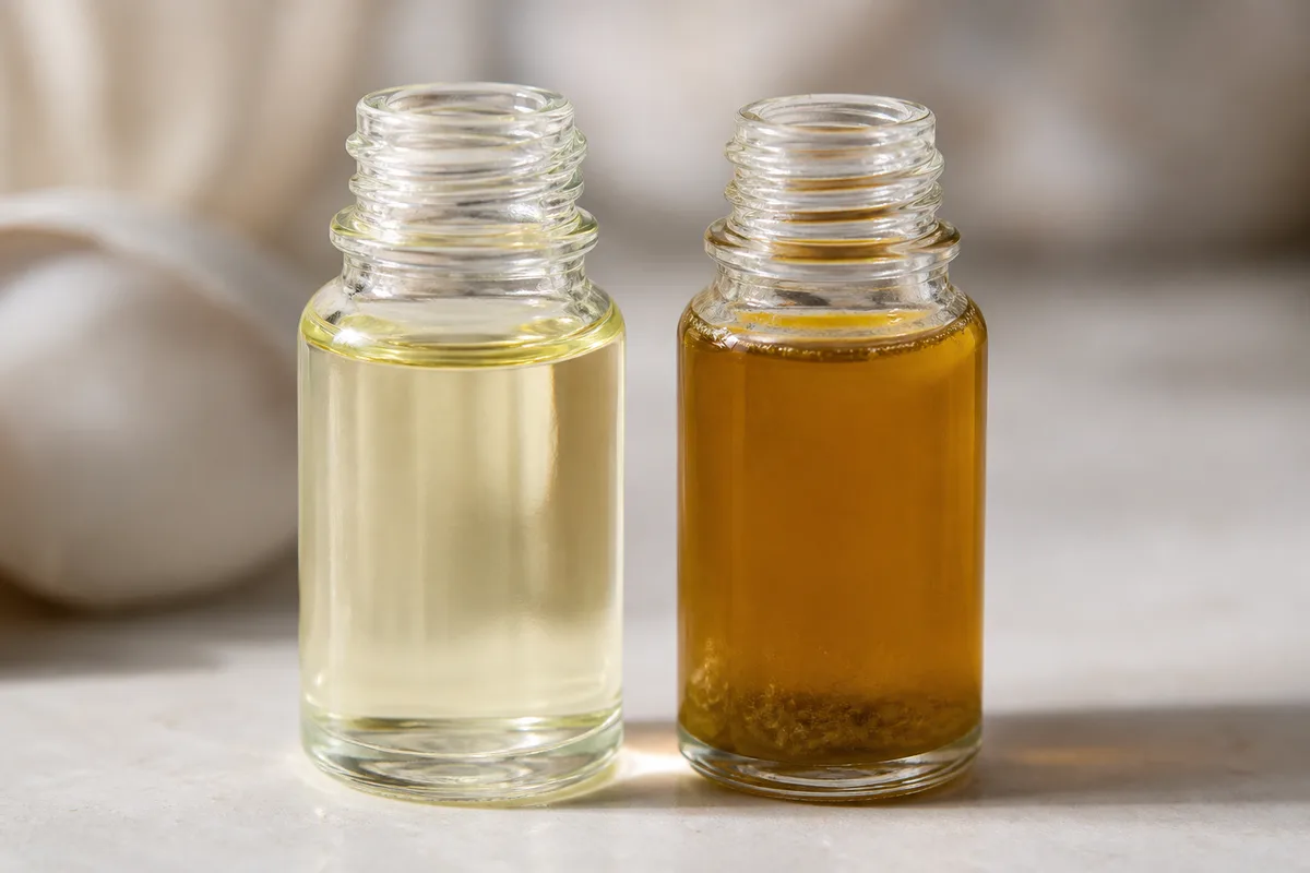 Comparaison visuelle de deux flacons d’essence de citron, l’un clair, l’autre foncé