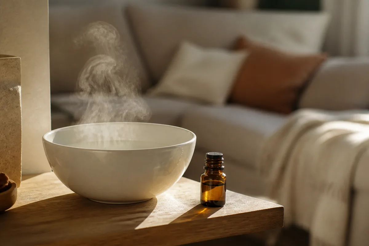 Bol d&rsquo;eau chaude diffusant des huiles essentielles dans un salon