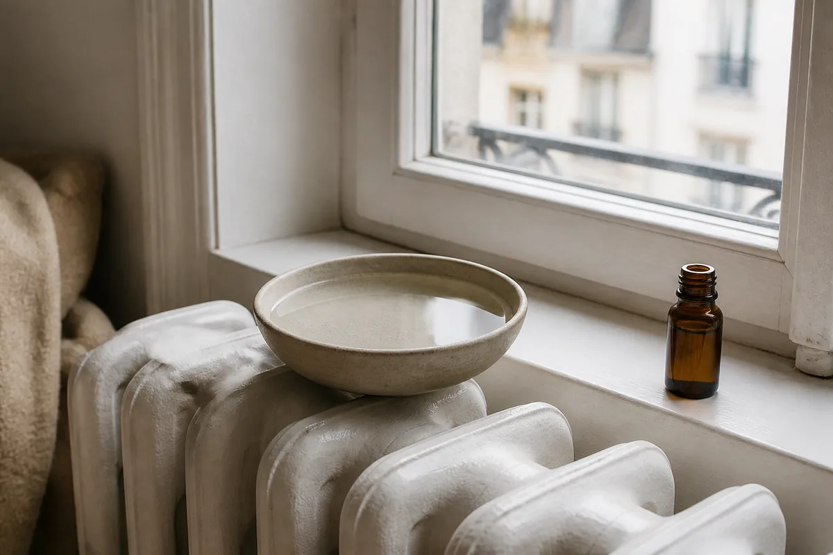 Coupelle d&rsquo;eau posée sur un radiateur avec flacon d&rsquo;huile essentielle