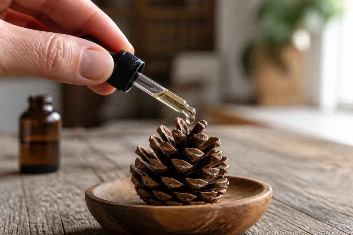Main déposant une goutte d&rsquo;huile essentielle sur une pomme de pin