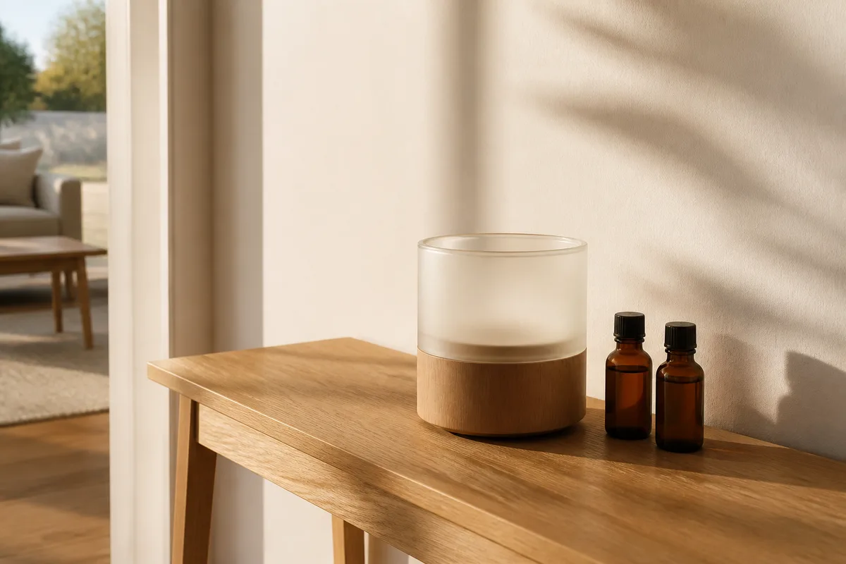 Diffuseur à ultrasons posé sur une console en bois clair dans un salon lumineux