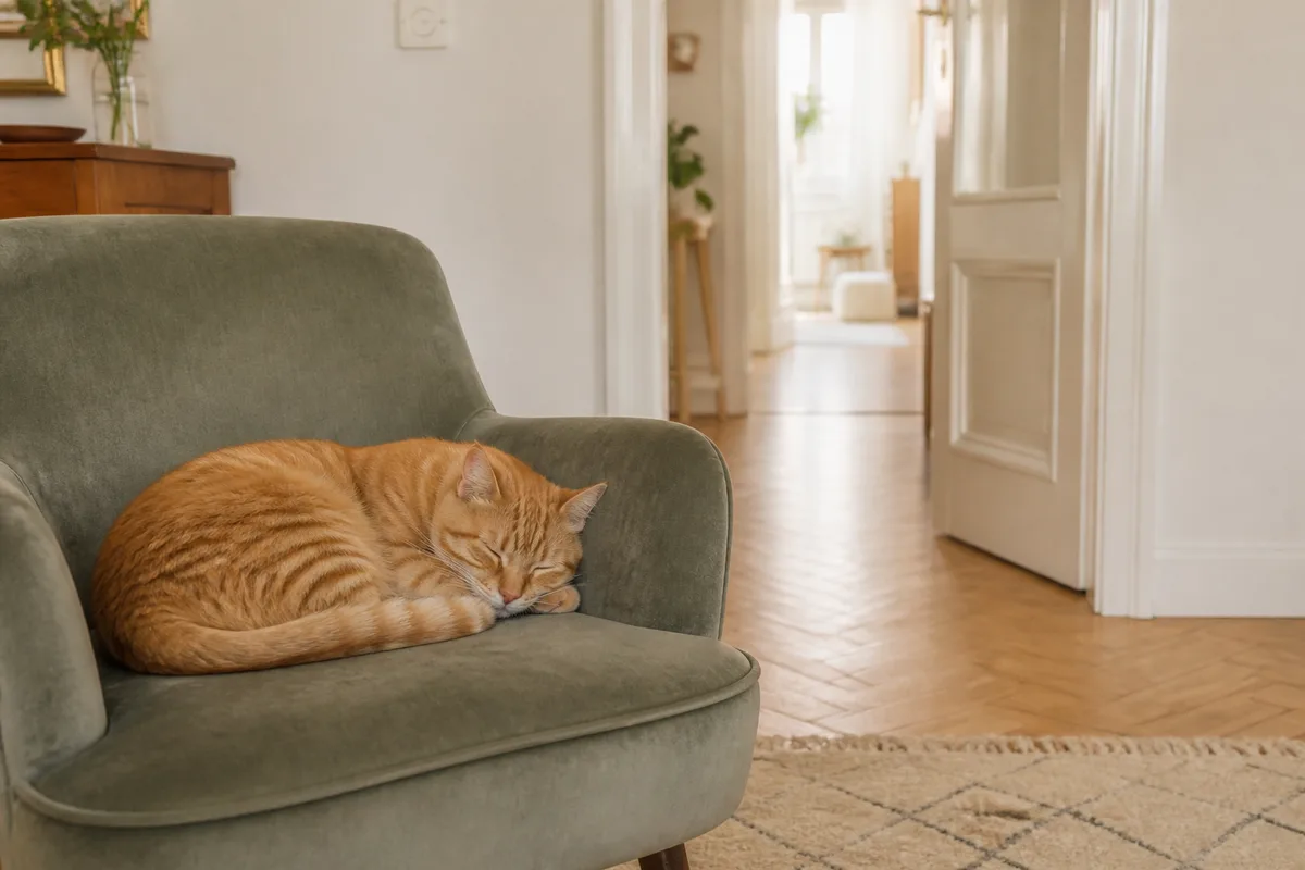 Chat roux endormi sur un fauteuil près d&rsquo;une porte ouverte donnant sur un couloir clair