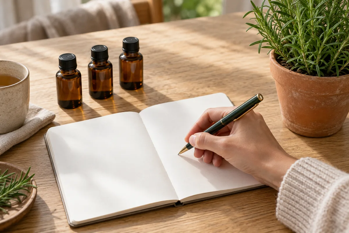 Main qui tient un stylo au-dessus d&rsquo;un carnet ouvert, à côté de fioles ambrées et d&rsquo;un romarin en pot