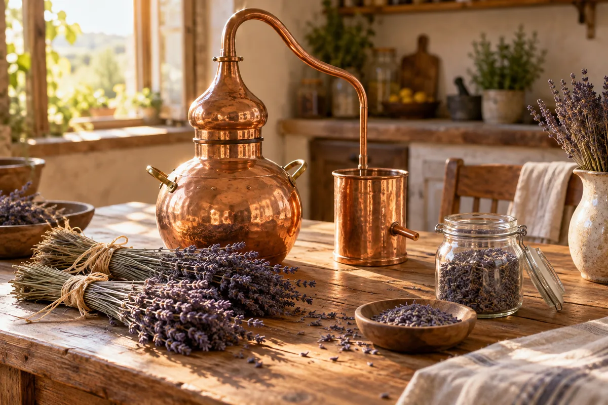 Petit alambic en cuivre et bouquets de lavande séchée sur une table de cuisine en bois