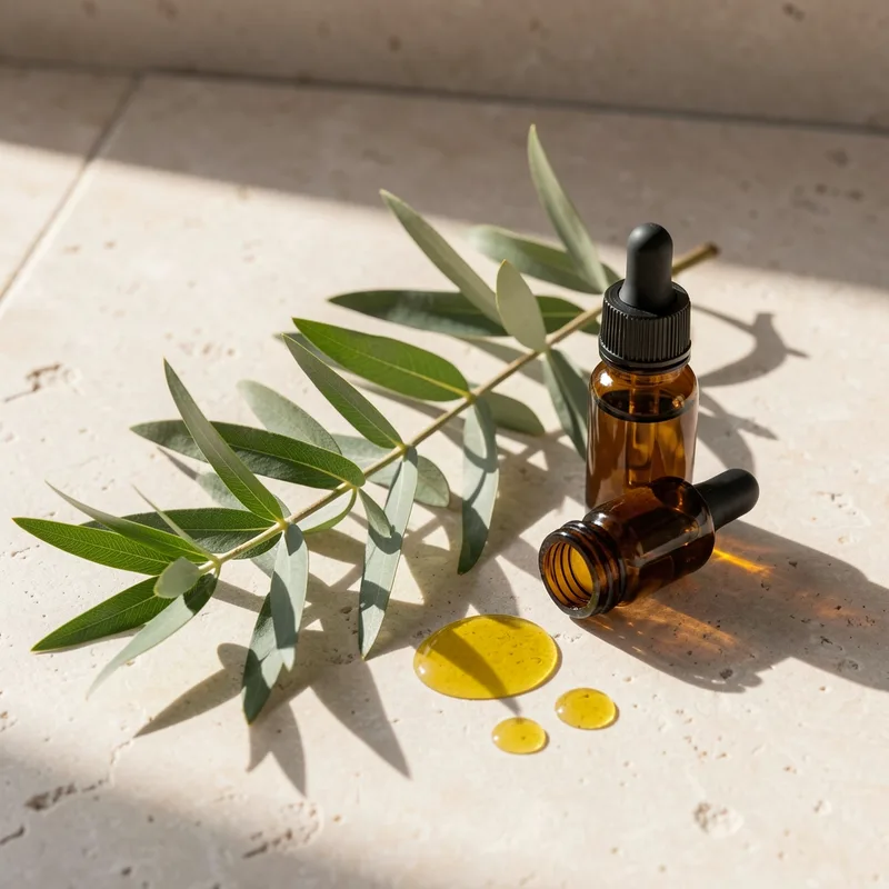 Feuilles d&rsquo;eucalyptus citronné fraîchement coupées près d&rsquo;un petit flacon d&rsquo;huile essentielle