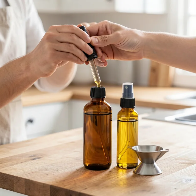 Préparation d&rsquo;un spray répulsif maison : compte-gouttes au-dessus d&rsquo;un flacon ambré et huile végétale