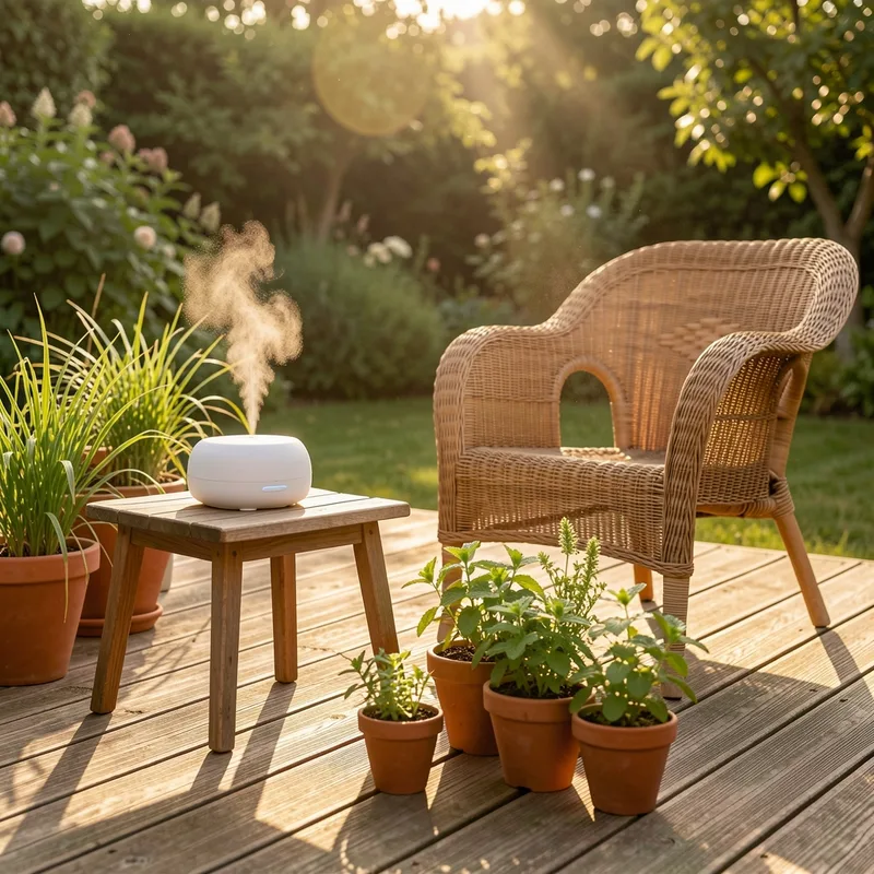Terrasse de jardin en fin de journée avec diffuseur et plantes aromatiques en pots