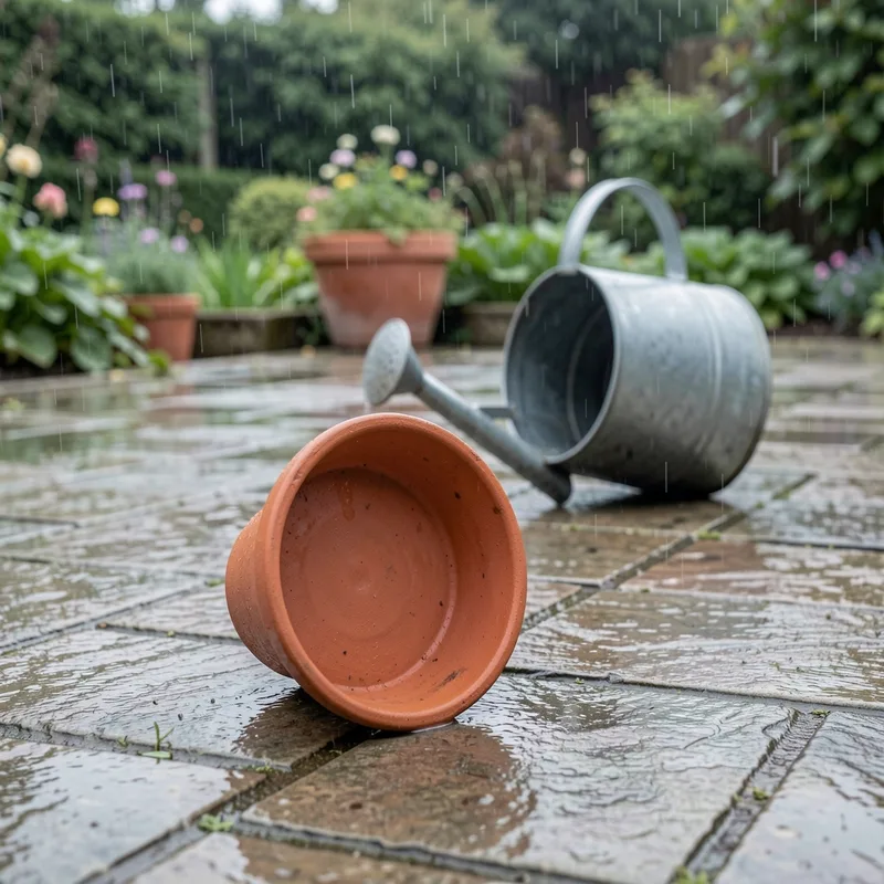 Coupelle de pot de fleurs renversée sur une terrasse pour supprimer l&rsquo;eau stagnante