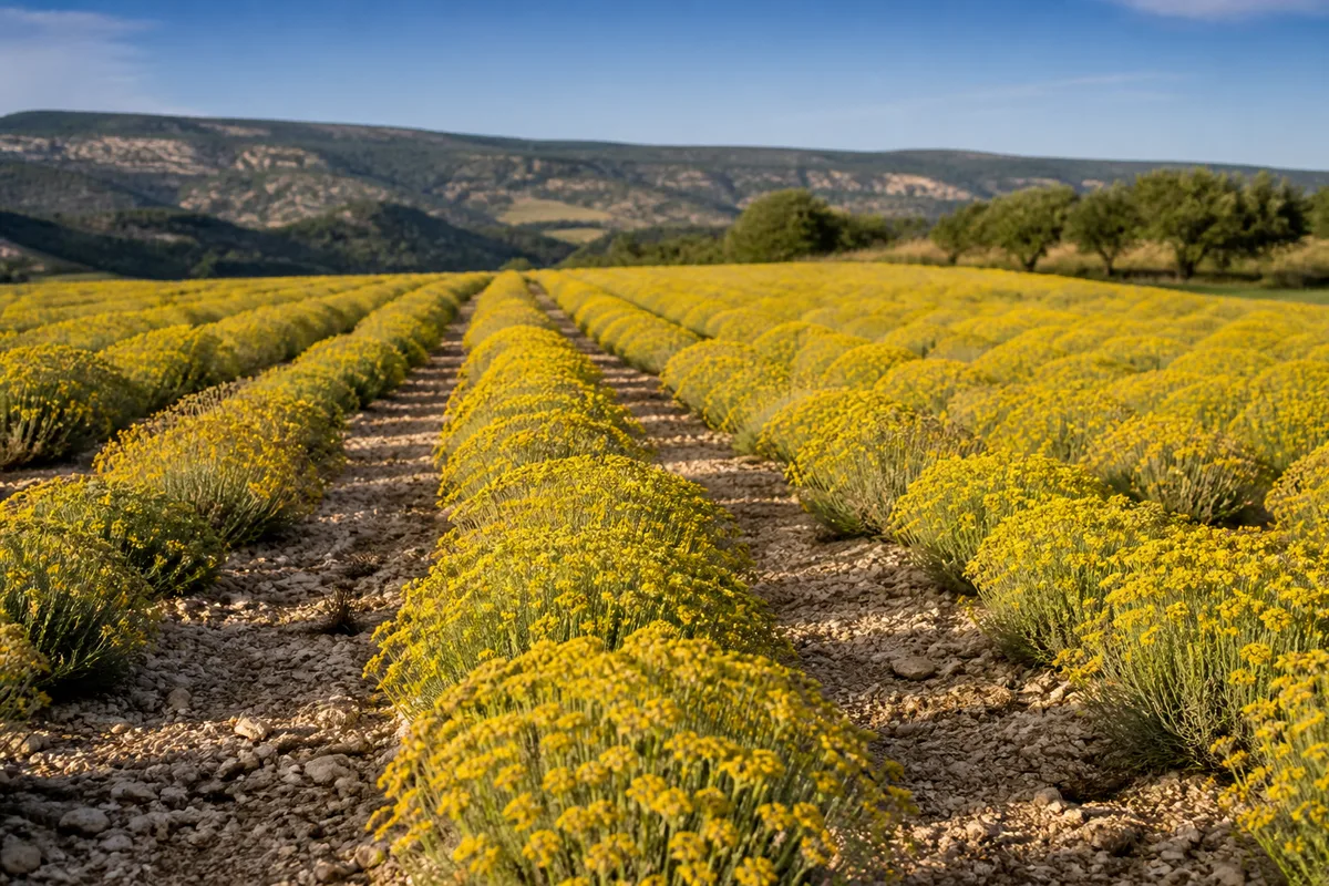 Champ d&rsquo;immortelles en fleurs sous le soleil méditerranéen, rangées de touffes jaune d&rsquo;or