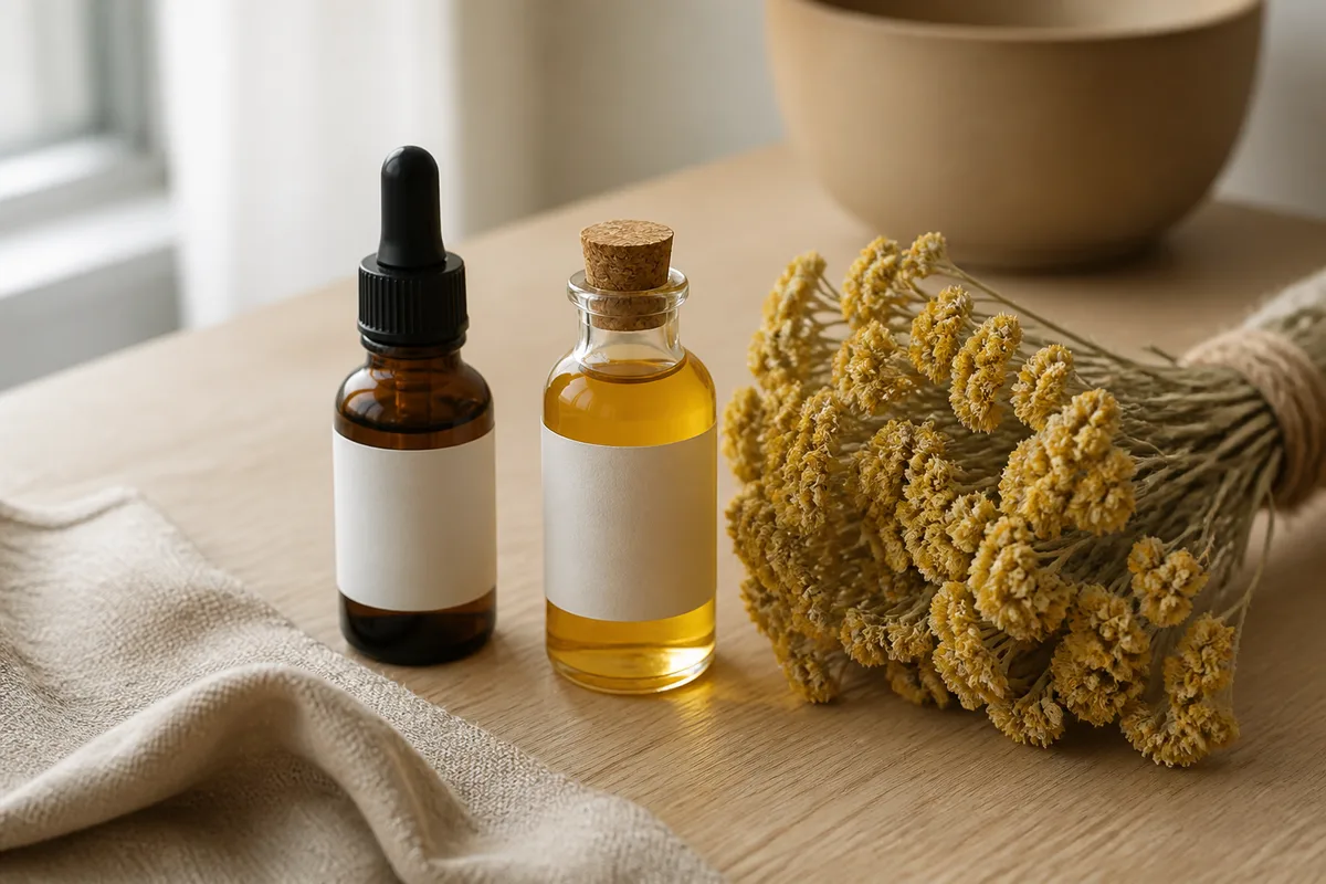 Flacon ambré d&rsquo;huile essentielle posé à côté d&rsquo;un macérât d&rsquo;arnica et de fleurs d&rsquo;immortelle séchées