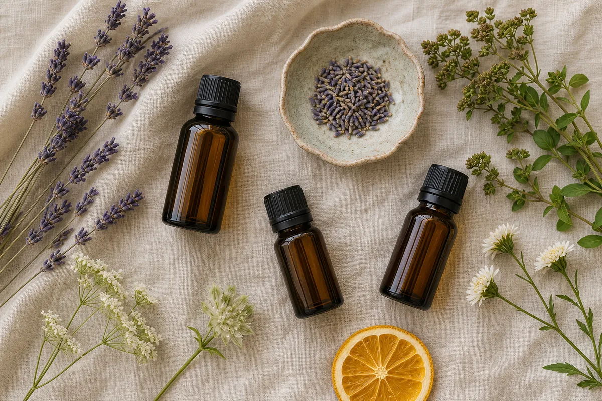 Flat lay de flacons d&rsquo;huiles essentielles avec brins de lavande séchée sur fond de lin beige