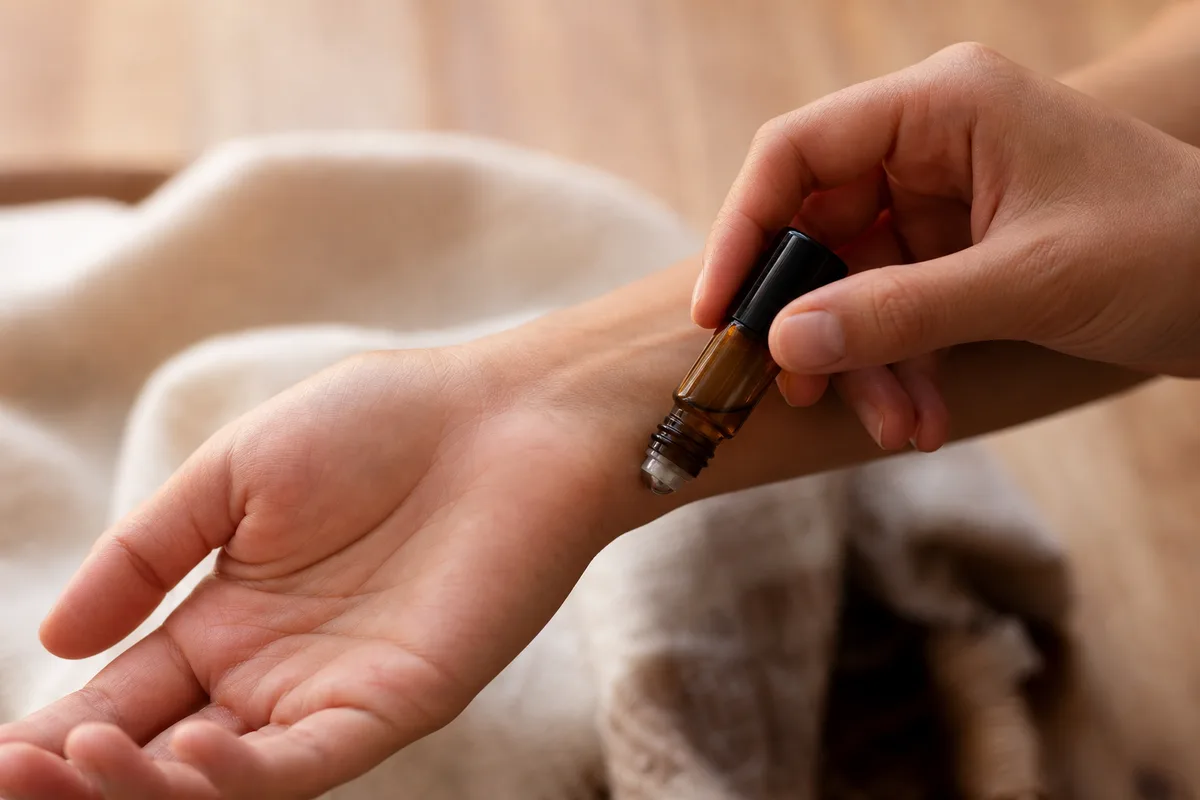 Application d&rsquo;un roll-on d&rsquo;huile essentielle sur l&rsquo;intérieur du poignet, gros plan sur les mains