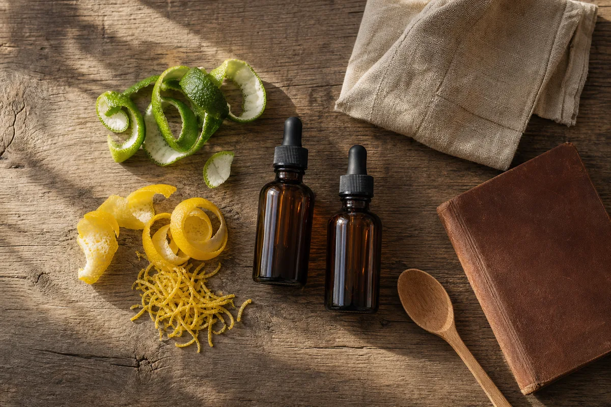 Zestes de bergamote et de citron posés près de flacons en verre ambré sans étiquette