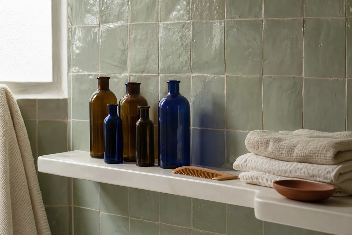 Étagère de salle de bain française avec flacons ambrés et linge clair sous une lumière tamisée