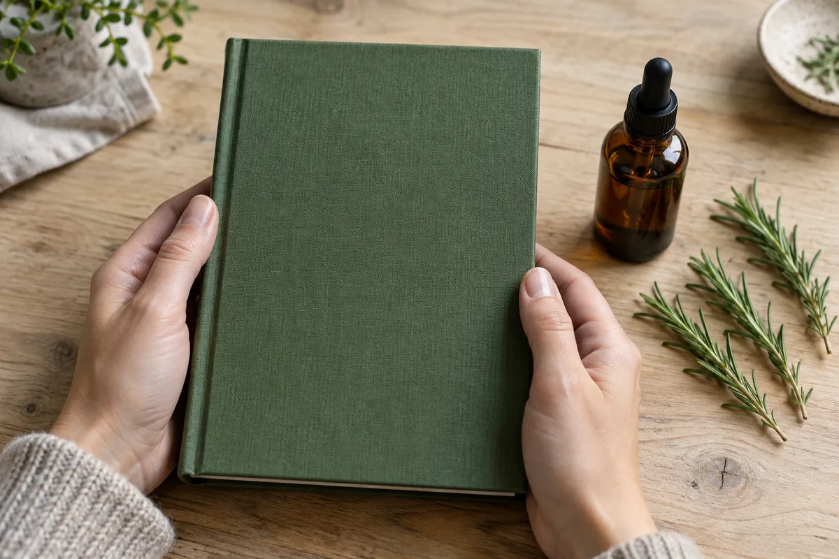 Mains tenant un livre fermé à couverture en toile verte au-dessus d’une table en bois, flacon ambré et brins de romarin à côté