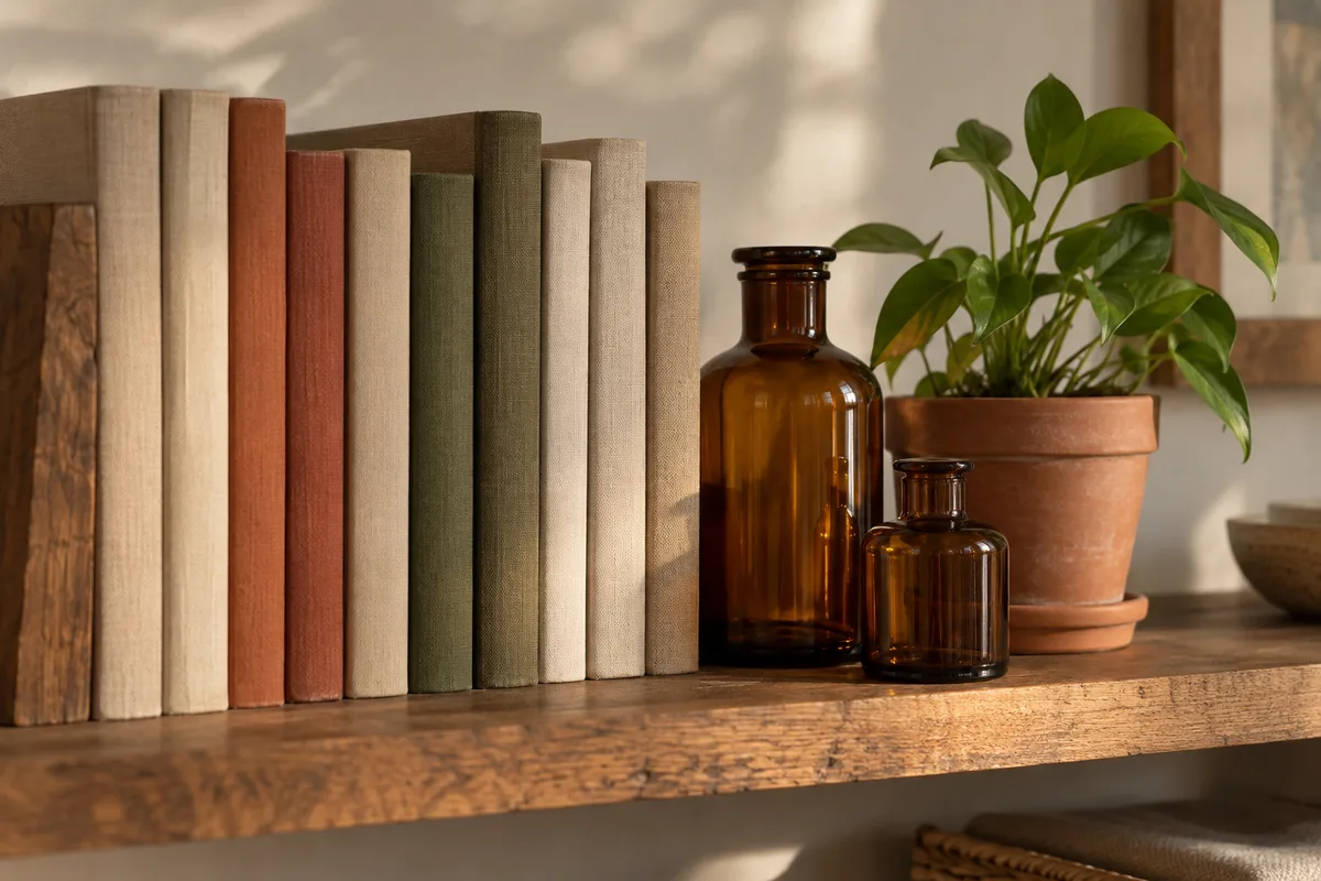 Étagère en bois garnie de livres aux dos en toile unie, de flacons en verre ambré et d’une plante en pot