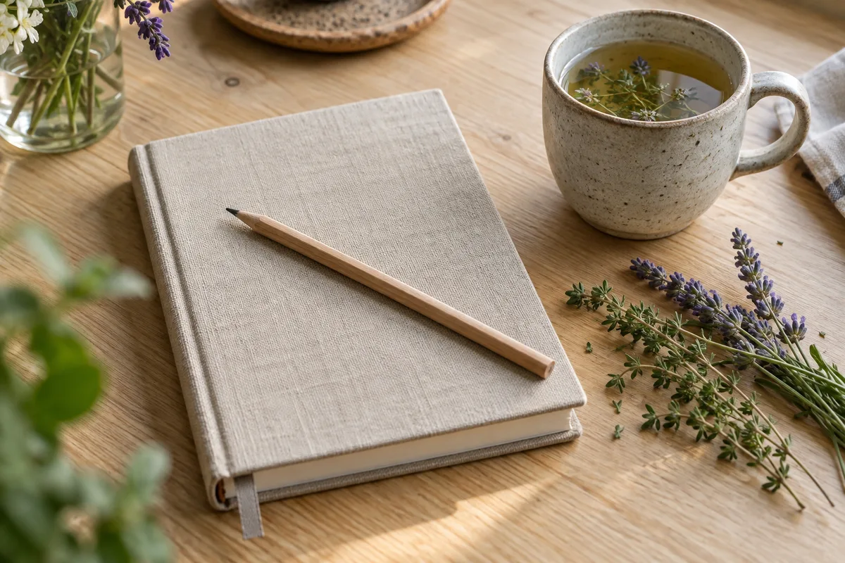 Carnet fermé à couverture en lin, crayon en bois et brins de thym et de lavande sur un bureau clair