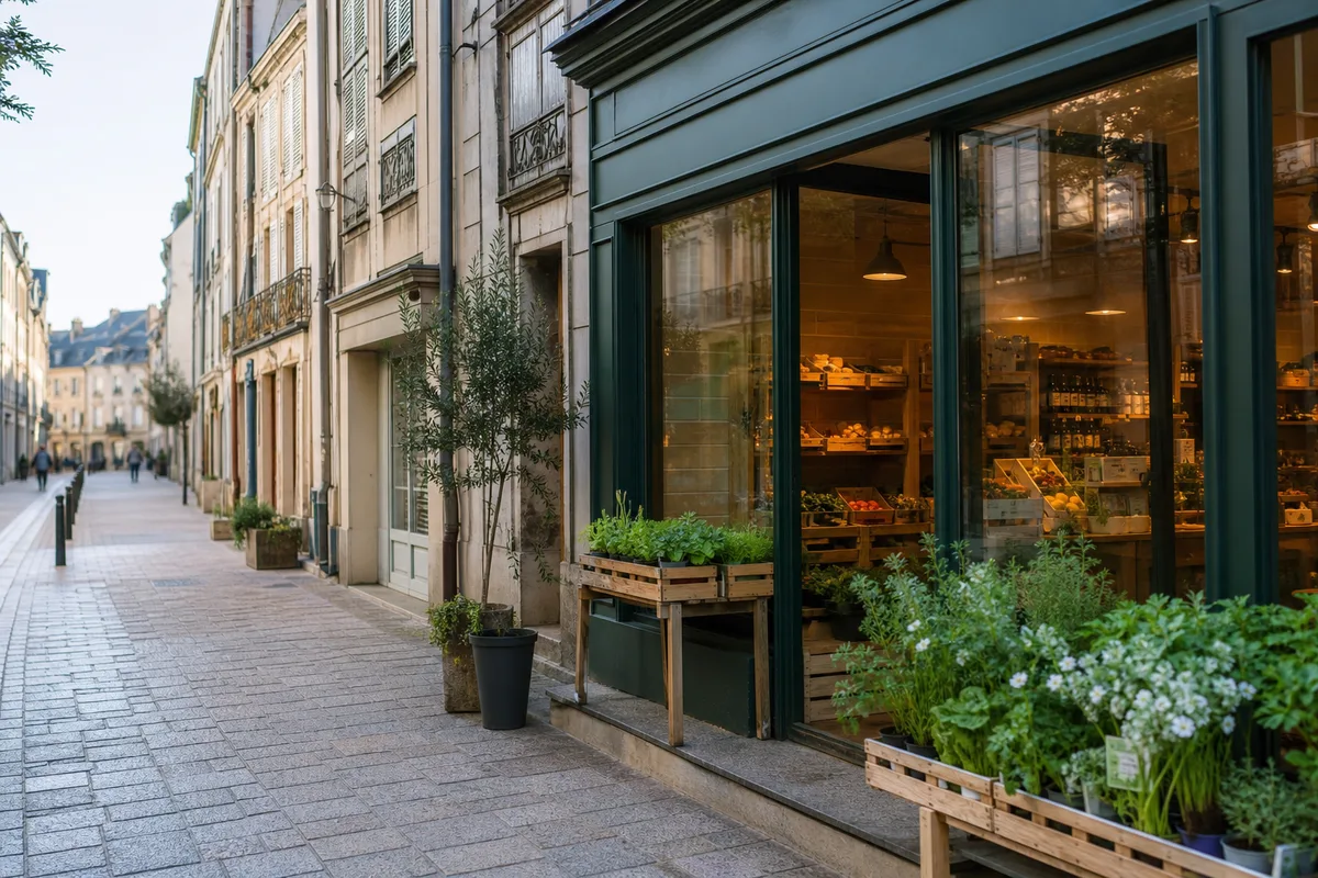 Étal de produits naturels et flacons d&rsquo;huiles essentielles dans une boutique de bien-être lumineuse