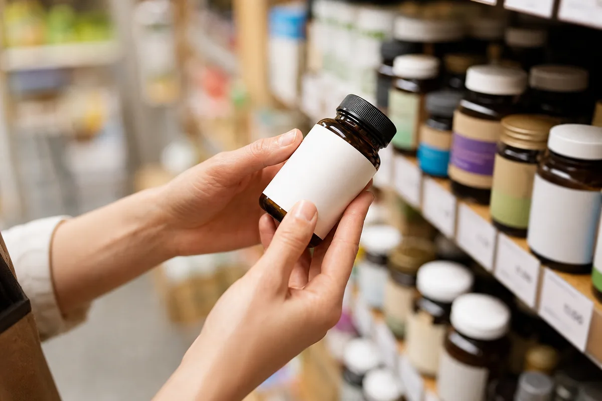 Mains d&rsquo;une conseillère présentant un flacon de complément dans un rayon de magasin biologique
