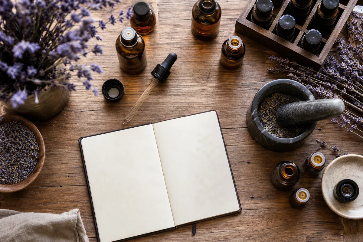 Plan de travail d&rsquo;aromathérapie avec flacons d&rsquo;huiles essentielles, pipette et carnet sous lumière naturelle