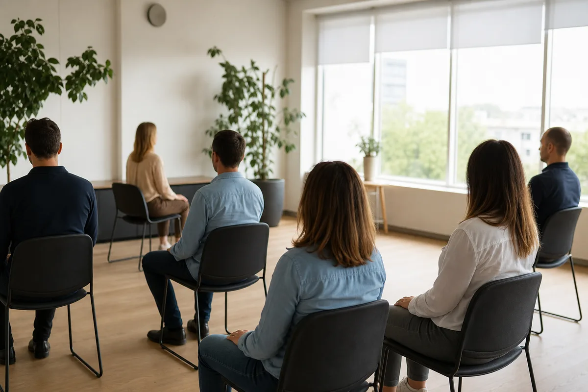 Séance de sophrologie collective en entreprise, participants assis en relaxation dans une salle claire
