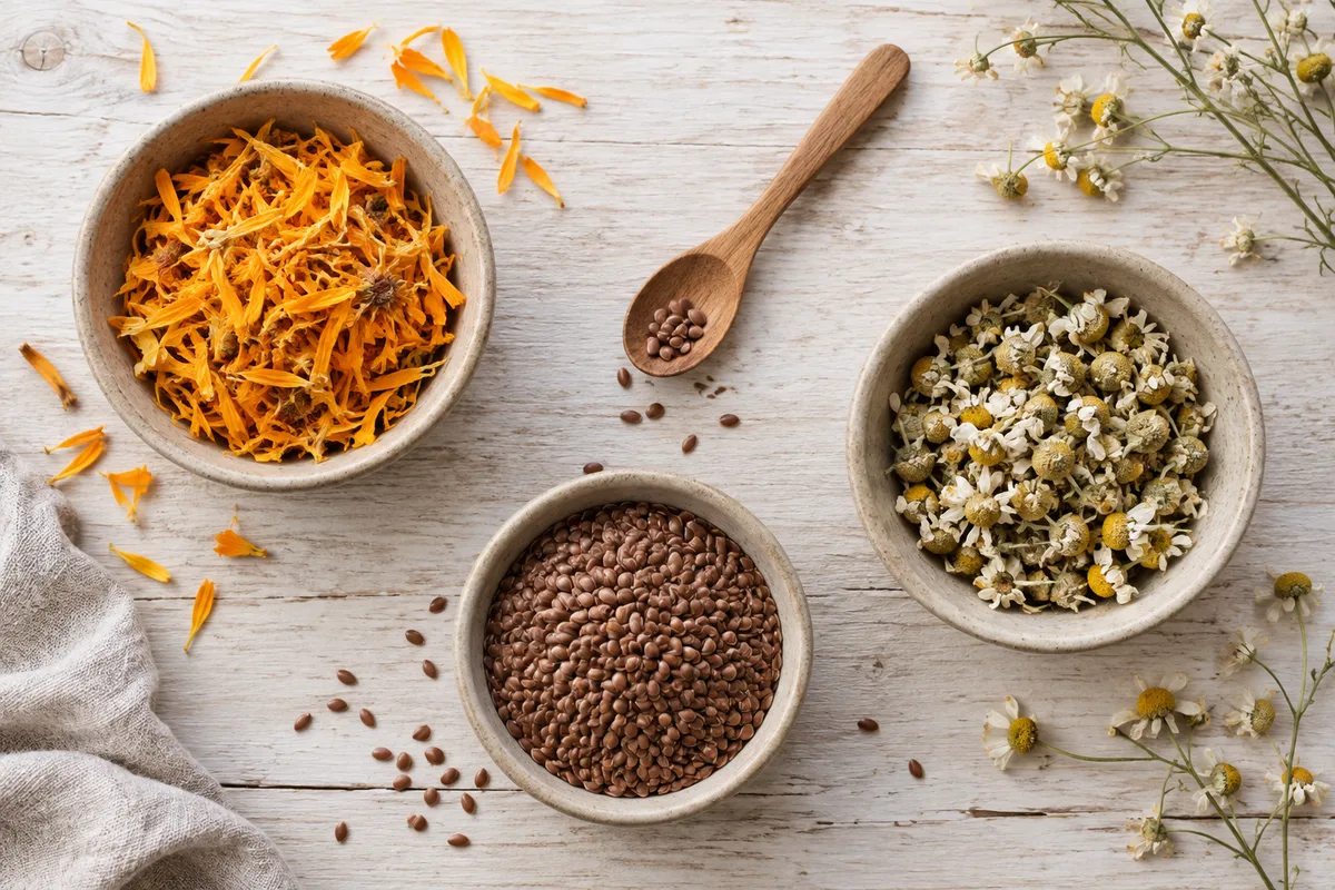 Pétales de calendula séchés et graines de lin dans des coupelles en grès vues du dessus