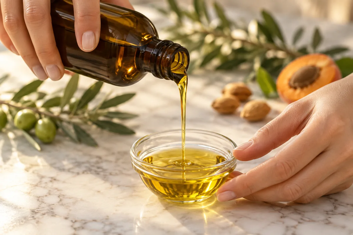 Mains qui versent une huile végétale dorée depuis un flacon ambré dans une coupelle en verre