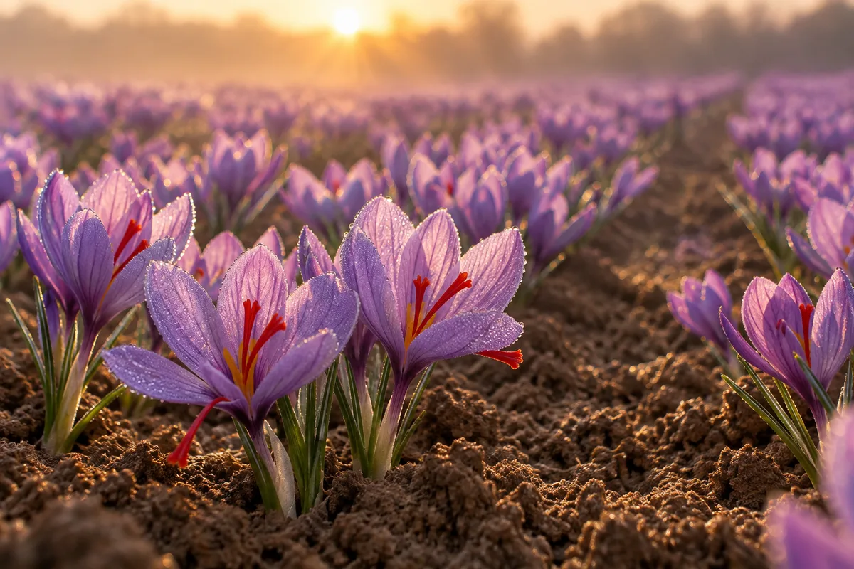 Fleurs de crocus violettes en champ au lever du jour, pistils rouges visibles et rosée sur les pétales