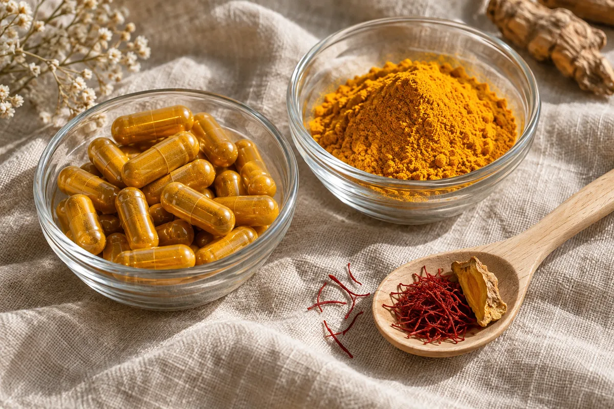 Gélules translucides ocre et poudre jaune orangé dans deux coupelles en verre posées sur un lin naturel