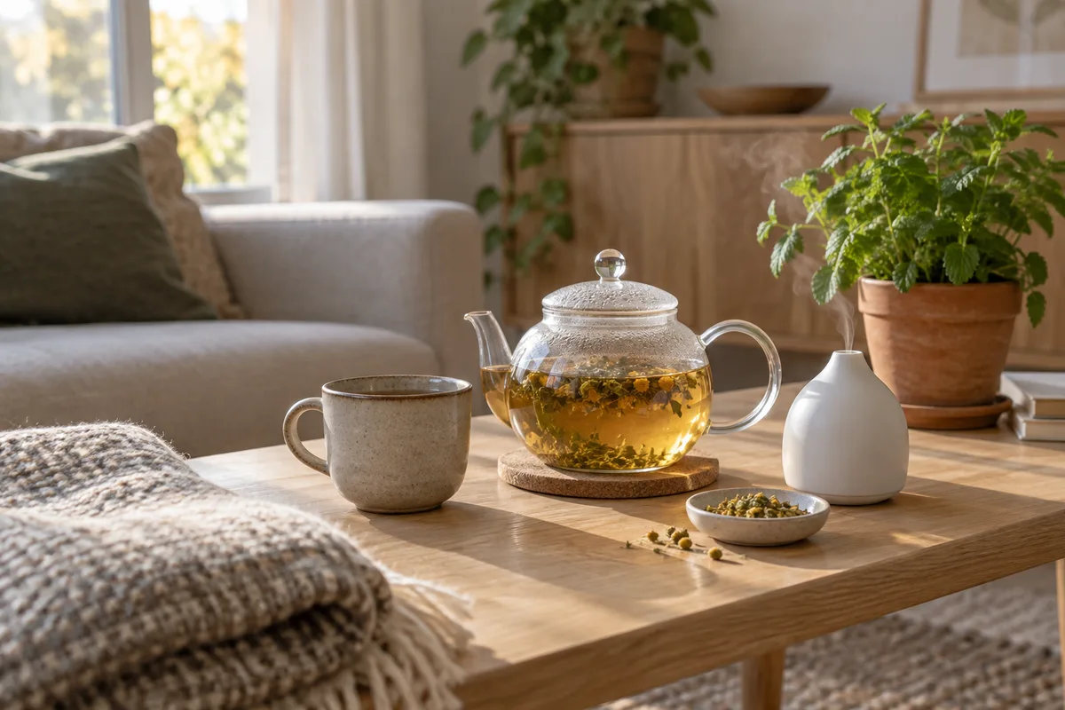 Théière en verre remplie d&rsquo;une infusion dorée, tasse en grès et petit diffuseur en céramique blanche sur une table basse